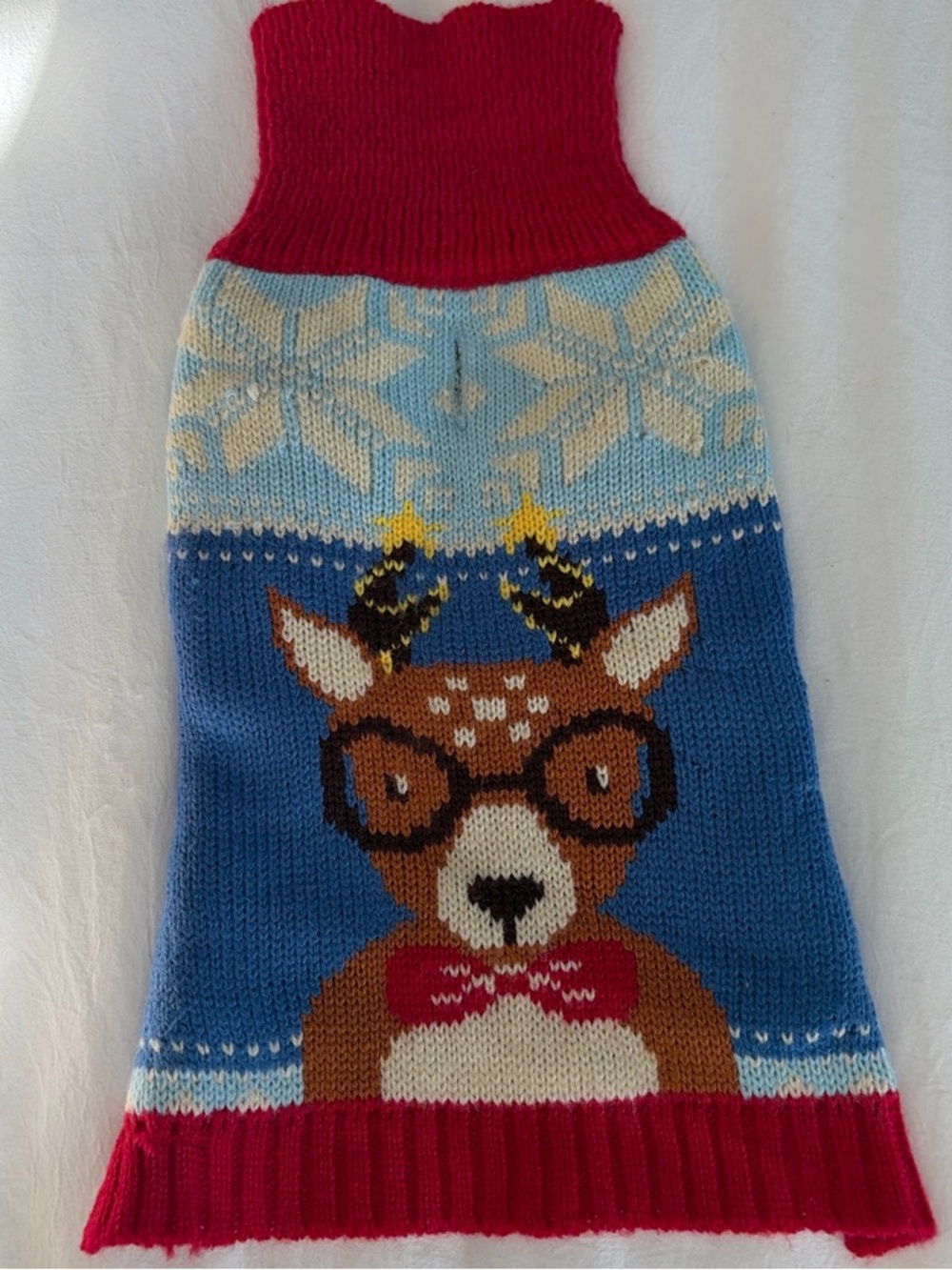 Blue Reindeer Knit Pet Sweater with Red Trim